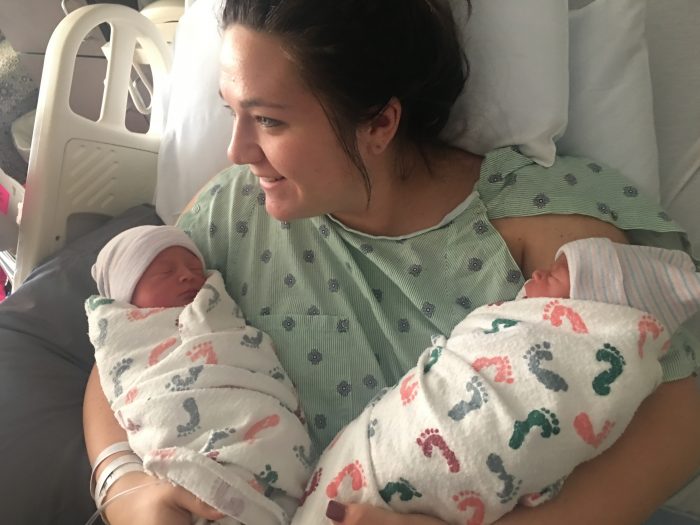 Kelsey and her twin girls at birth. Kelsey refused abortion for her girls with help from a pregnancy help center.