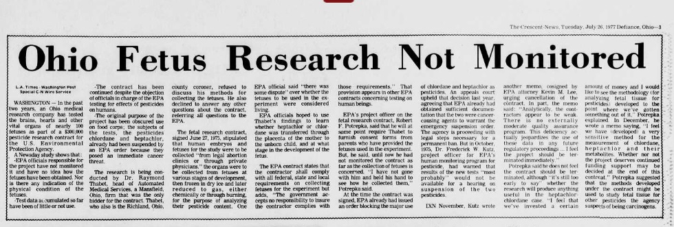 Image: article Gov dollars fund EPA research using aborted babies (Image credit: Defiance Crescent News 7/29/1977)