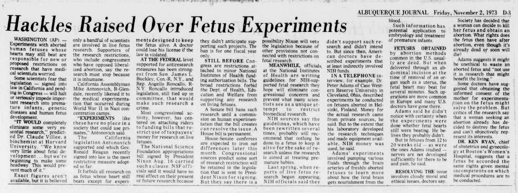 Image: article Hackles Raised over Fetus Experiments (Image credit: Albuquerque Journal 11/2/1973)