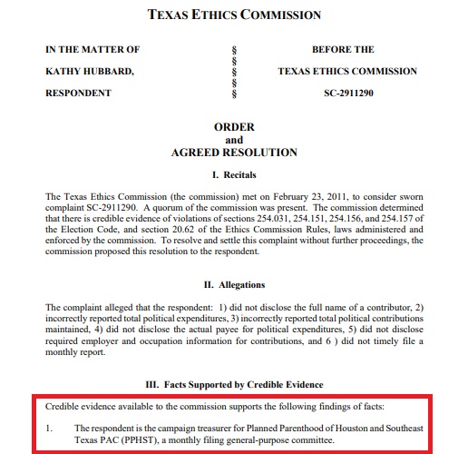 IMage: Texas Elections against Kathy Hubbard treasurer Planned Parenthood of Houston and Southeast Texas PAC