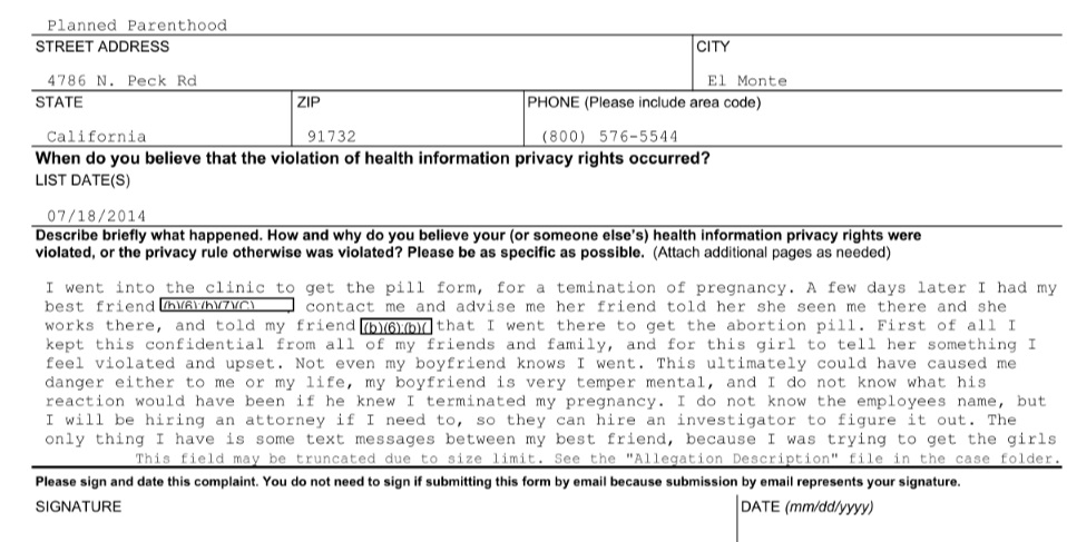 Image: 2014 privacy complaint Planned Parenthood El Monte Ca (Image: OCR)