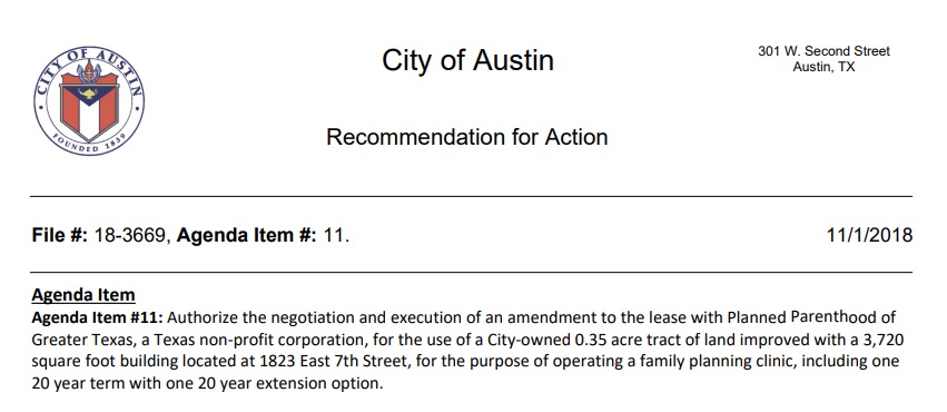 Image: Austin City Council to lease to Planned Parenthood for one dollar (Image: City of Austin Council Notes)