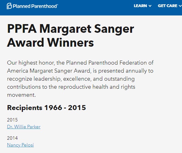 Image: Margaret Sanger Award given out by Planned Parenthood (Screen Planned Parenthood website Nov 13, 2018)