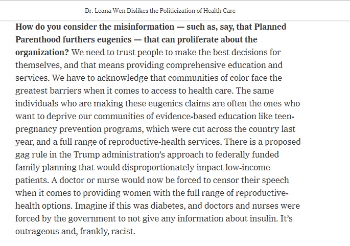 Image: New York Times asks Leana Wen about eugenics and Planned Parenthood (Image NYT's Dr. Leana Wen Dislikes the Politicization of Health Care 11/6/2018)