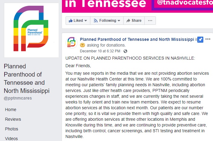 Image: Planned Parenthood Nashville suspends abortion (Image: Facebook)