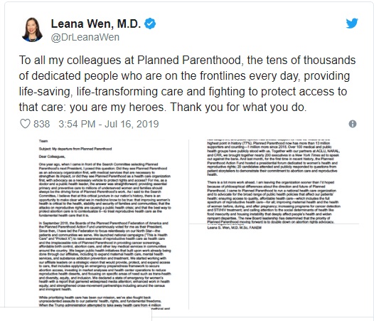 Image: Leana Wen Tweet w Letter about leaving PPFA 07162019