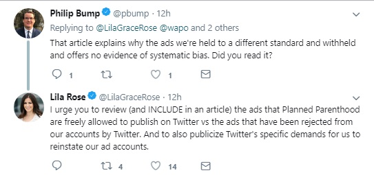 Image: WAPO correspondent Philip Bump and Lila Rose debate over Tech censorship (Image: Twitter) 