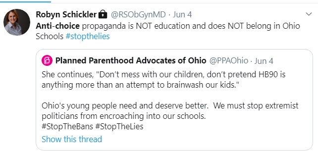 Image: Robyn Schickler supports Planned Parenthood calls prolife anti-choice (Image: Twitter)