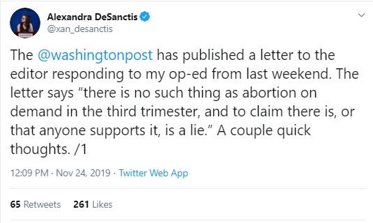 Image: Alexandria DeSanctis on WAPO letter regarding late term abortion (Image Twitter)