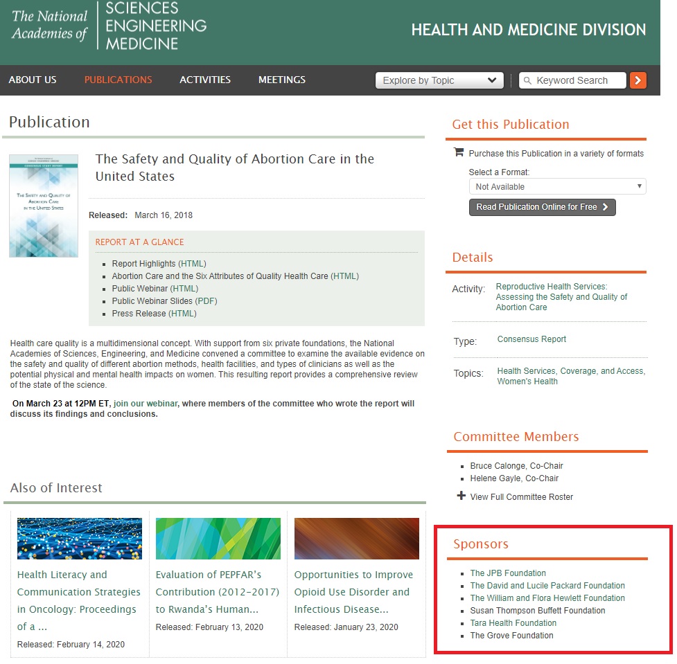 Image: Abortion Safety report by National Academies of Sciences funded by abortion philanthropists Packard Buffett