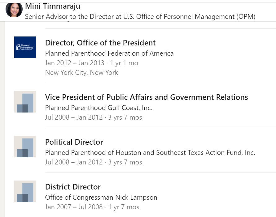 Image: Mini Timmaraju Biden OPM formerly worked for Planned Parenthood (Image: LinkedIn)