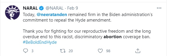 Image: NARAL praises Neera Tanden for opposing pro-life Hyde Amendment (Image: Twitter)