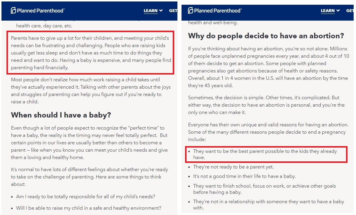 Image: Pregnancy v abortion Planned Parenthood website