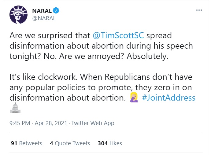 Image: NARAL responds to Sen Tim Scott on Biden push toward tax-funded abortion and repealing Hyde Amendment (Image: Twitter)