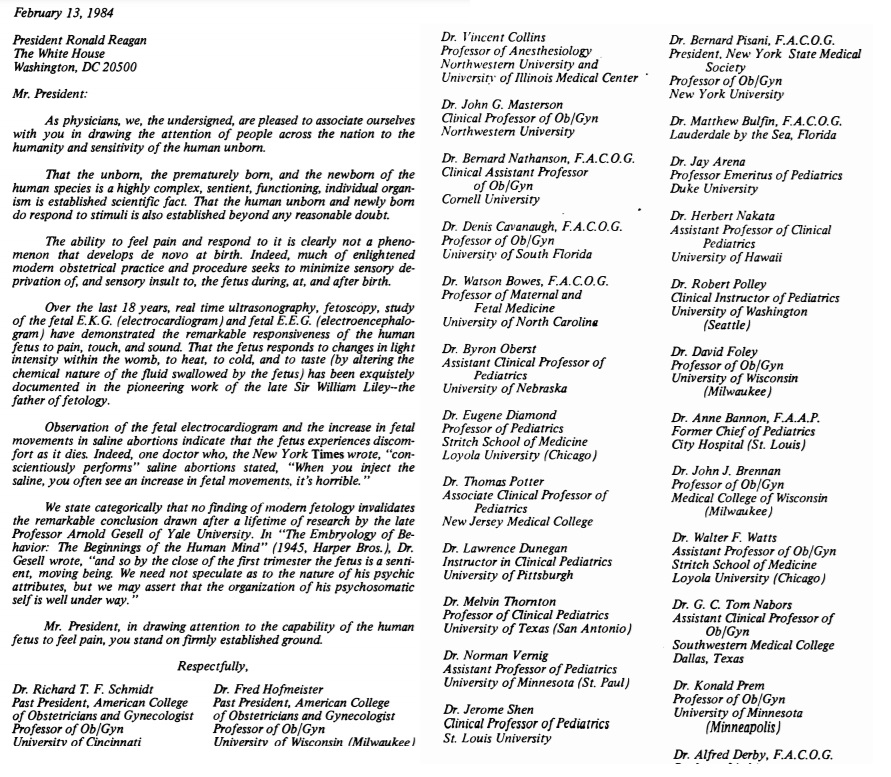 Image: ACOG past presidents 1984 letter to Ronald Reagan validating fetal pain