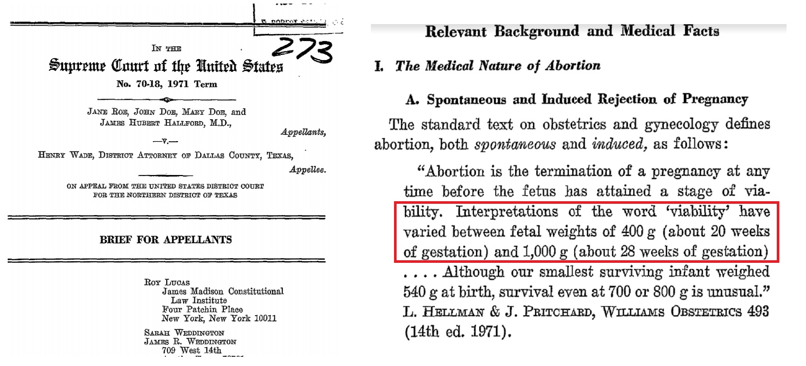 Image: Roe V Wade viability at 20 weeks Sarah Weddington and Roy Lucas brief