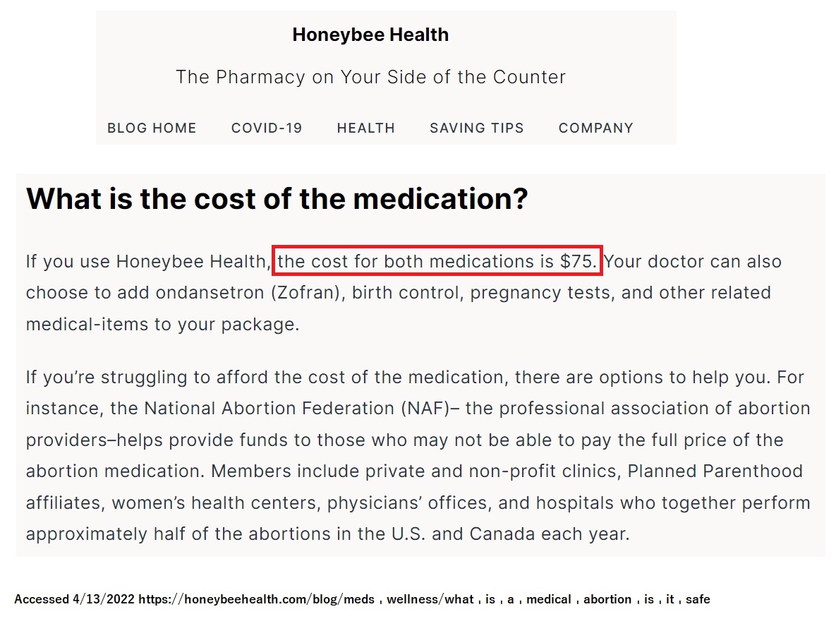 Image: Abortion pill pharmacy Honeybee Health charges $75 for abortion pill