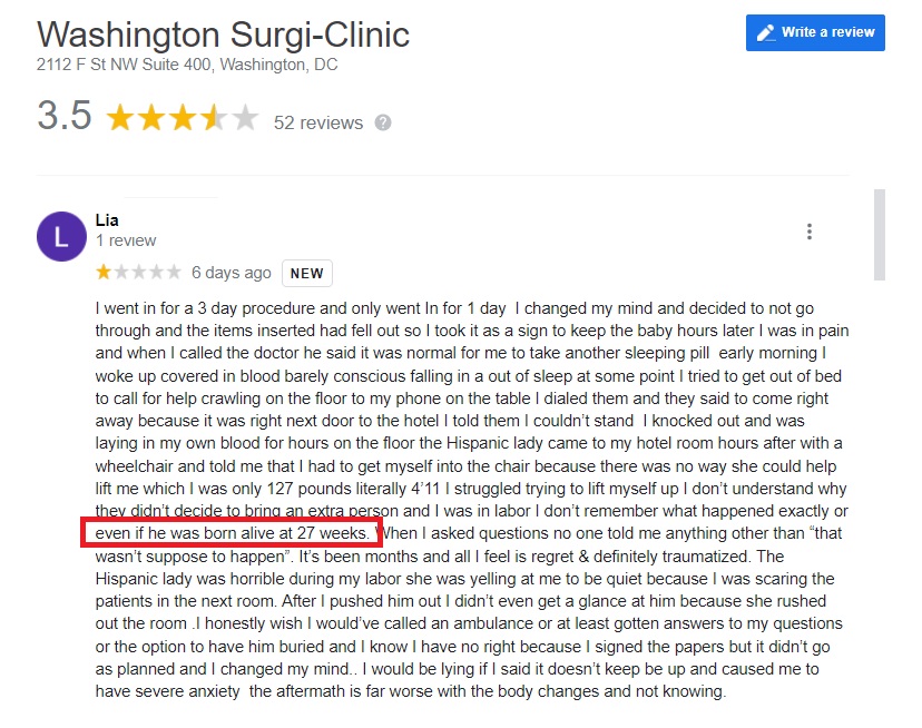 Image: Washington Surgi Clinic Google review of possible baby born alive after abortion attempt