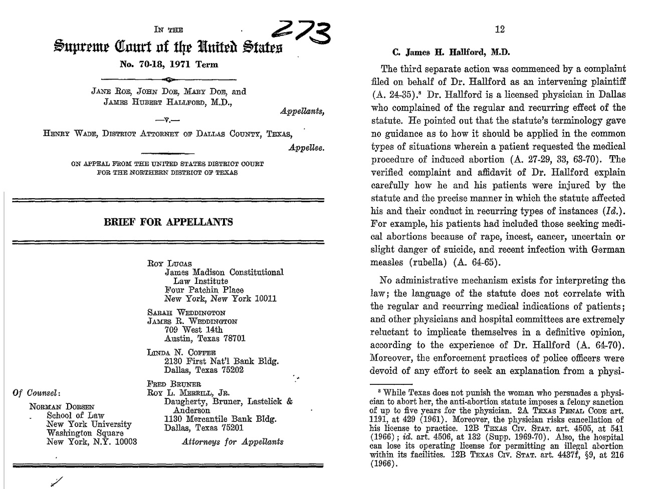 Image: Texas prosecuted abortionist not pregnant woman for illegal abortions (Roe v Wade ) 