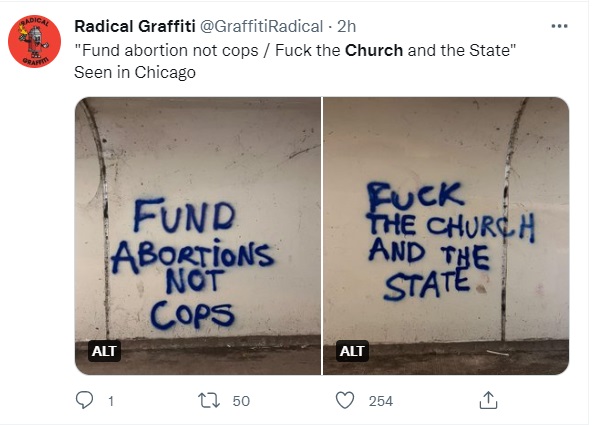 Image: Graffiti in Chicago Fund Abortions and F the Church (Image: Radical Graffiti Twitter)