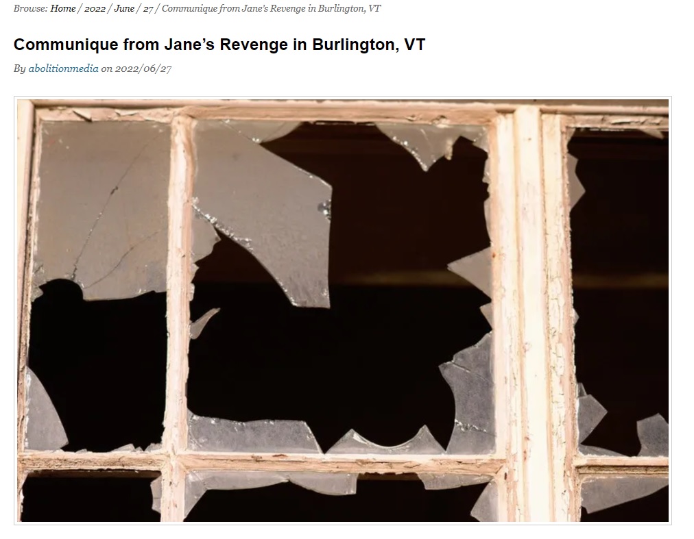Image: Jane's Revenge Vermont takes credit for vandalizing prolife pregnancy center