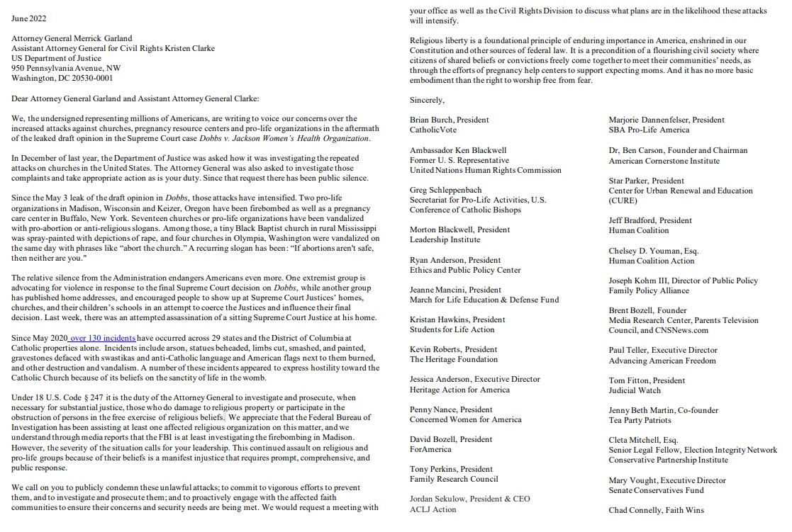 Image: Letter to U.S. Attorney General Merrick Garland about proabortion terrorism