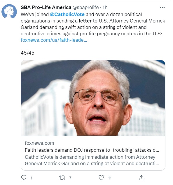 Image: Pro-life groups and faith leaders demand US AG respond to pro-abortion terrorism (Image: Twitter)