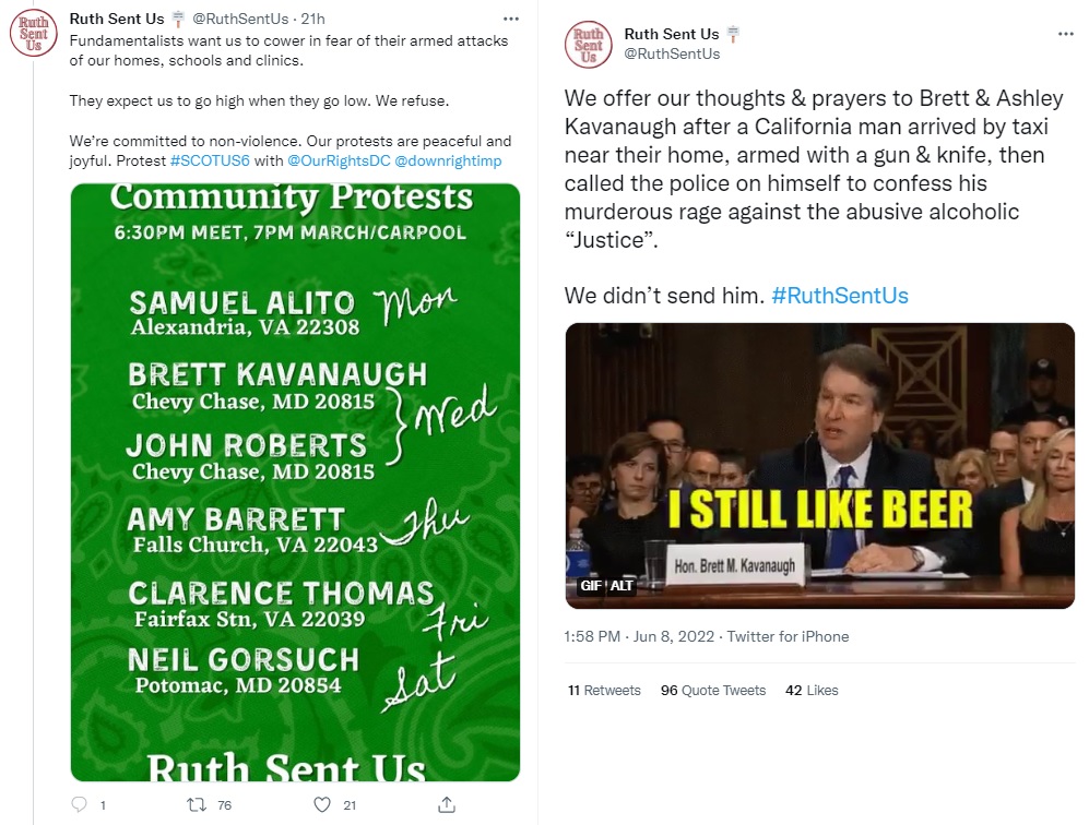 Image: RuthSentUs responds to murder plot against Justice Kavanaugh (Image: Twitter)
