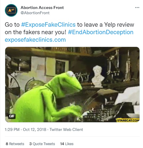 Image: Abortion Access Front calls on supporters to leave fake Yelp reviews of pregnancy centers PRCs (Image: Twitter)