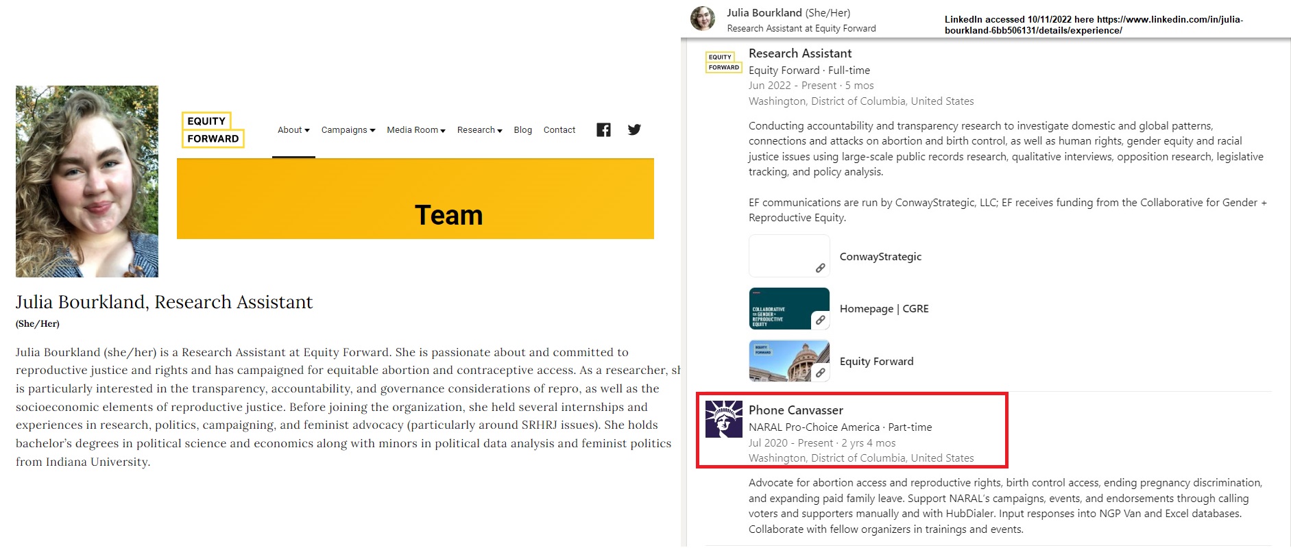 Image: Julia Bourkland Research Assistance at Equity Forward worked for NARAL according to LinkedIn 10112022