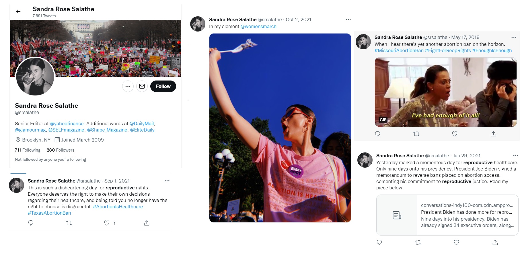 Image: YahooFinance Senior Editor Sandra Salathe pro-abortion (Images: Twitter) 