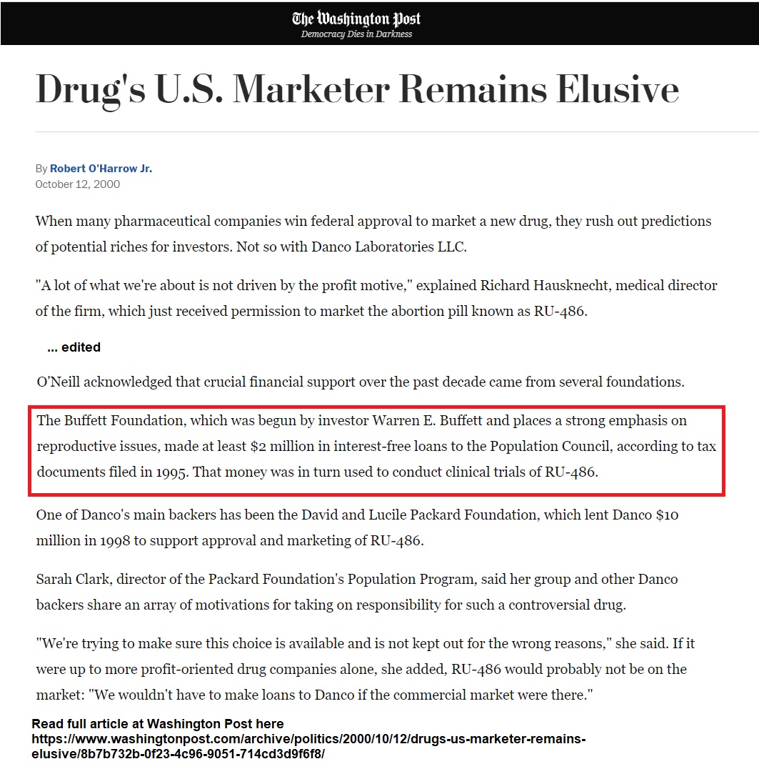 Image: Buffett Foundation is early investor in Danco Labs the manufacturer of the abortion pill (Image: WAPO October 12, 2000)