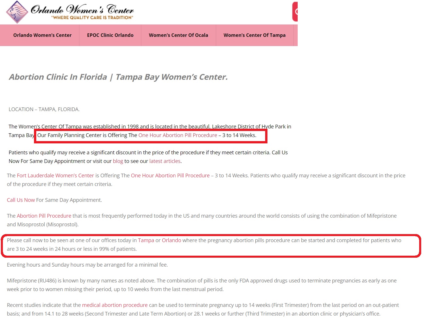 Image: Orlando Womens Center abortion clinic one hour abortion pill through 14 weeks and 24 weeks