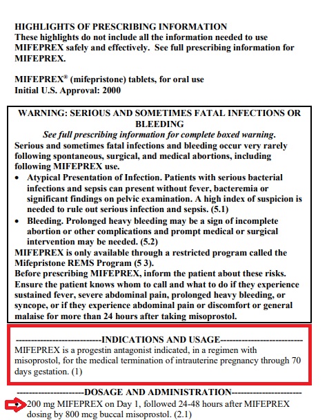 Image: Abortion pill Mifepristone drug label 2023 indication and usage doesn't include miscarriage