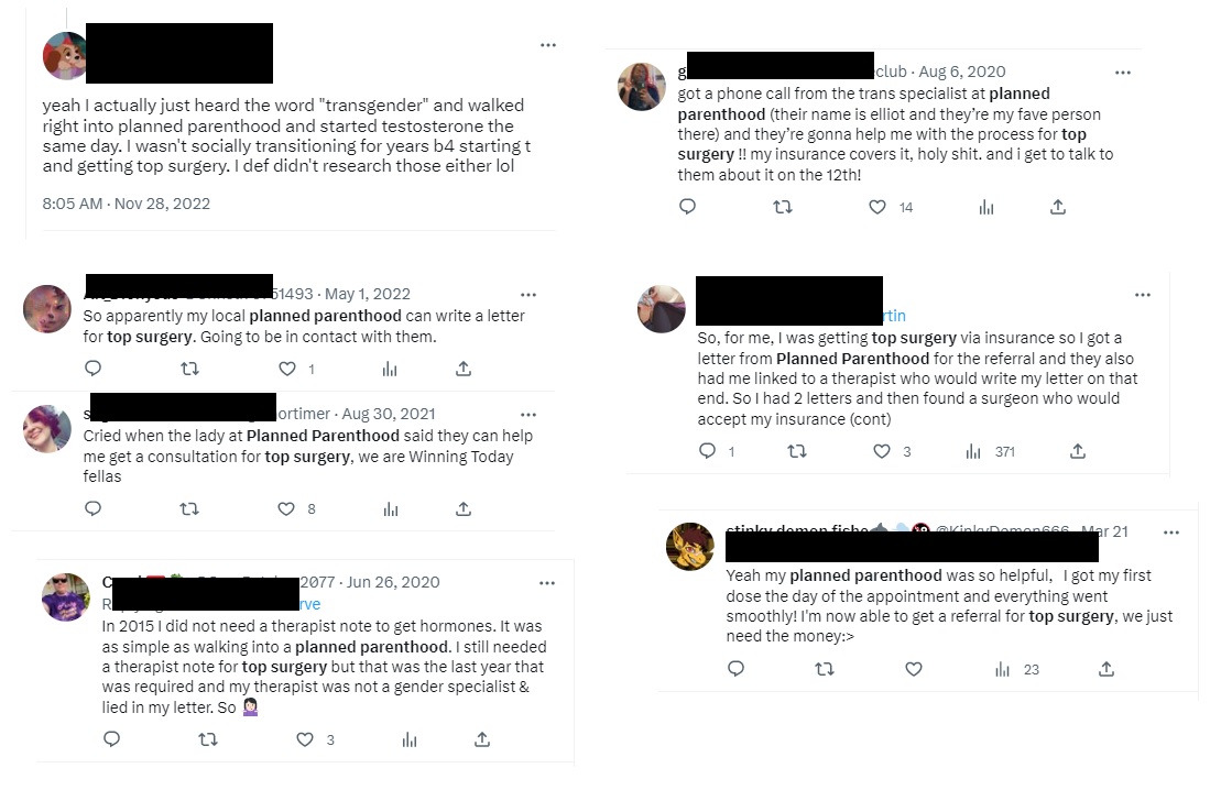 Image: Tweets claim Planned Parenthood refers top surgery and offers hormones for so-called gender affirming care