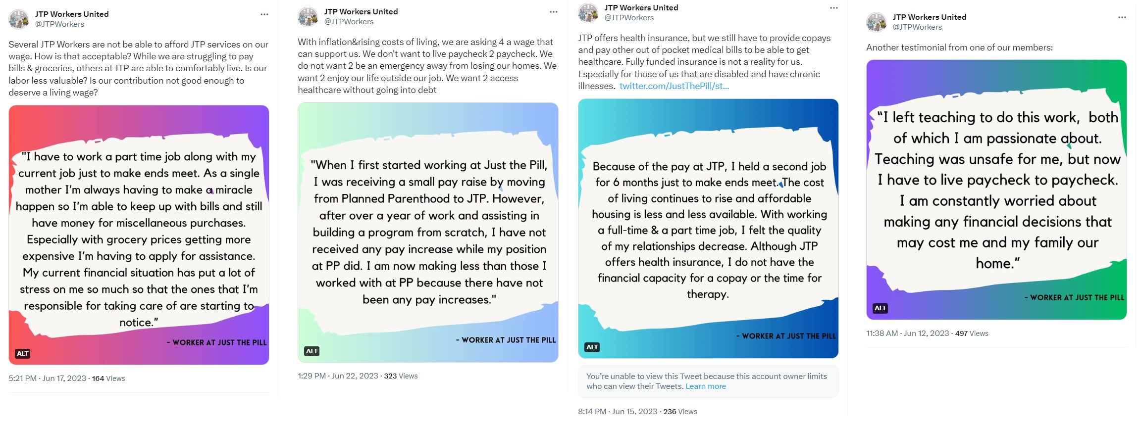 Just the Pill union JTPWorkers claims abortion pill dispensary is not paying staff livable wage (Image: Twitter)
