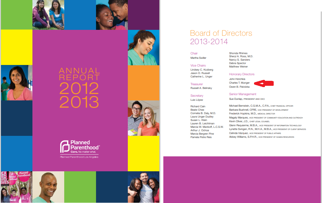 Charles Munger honorary Board member of Planned Parenthood Los Angeles AR 2012 to 2013