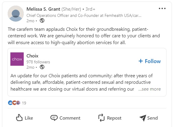 Carafem founder applauds Choix partnership (Image: LinkedIn)