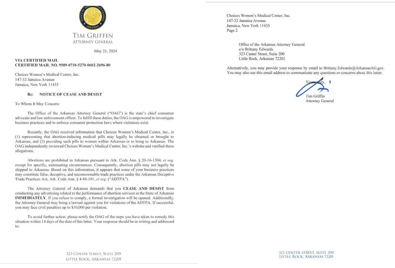 Arkansas attorney general issues Cease and Desist letter to Choices Abortion Clinic false deceptive advertising