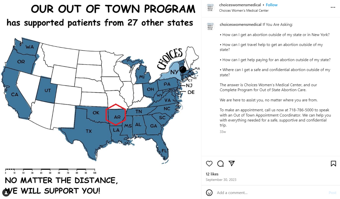 Choices Women's Abortion Clinic out of town abortion program on Instagram false deceptive advertising