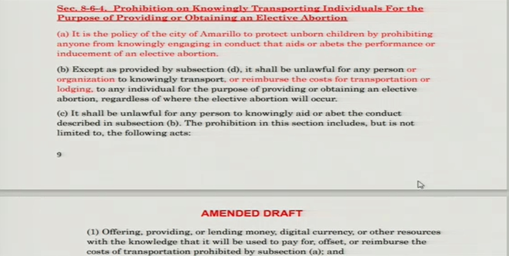 Amended Draft of Amarillo Sanctuary City for the Unborn ordinance