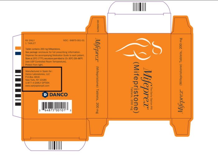 Danco label (3/25) of abortion pill mifepristone 200mg MFG in Spain