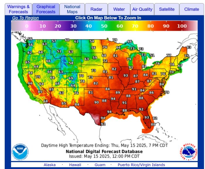 NWS Heat Map (May 15 2025) temps for mailed abortion pills exceed storage limits 